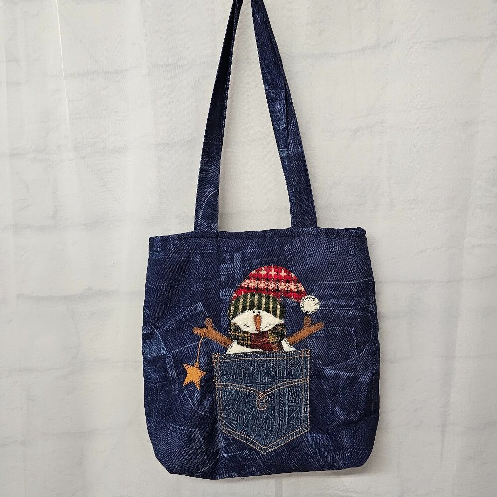 Unbranded Bag Shoulder Tote Blue Faux Denim Snowman Farmhouse